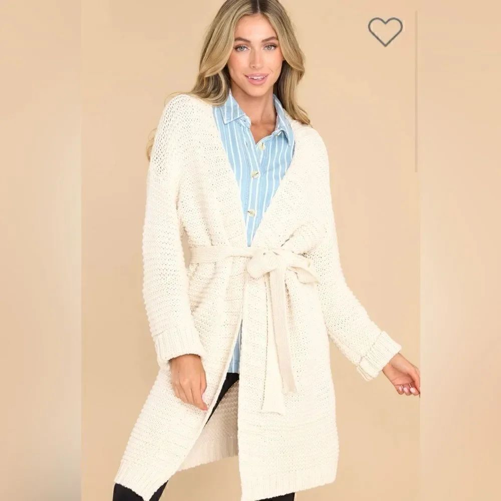 Miracle Relax More Ivory Midi Cardigan Tie Chunky Knit M/L